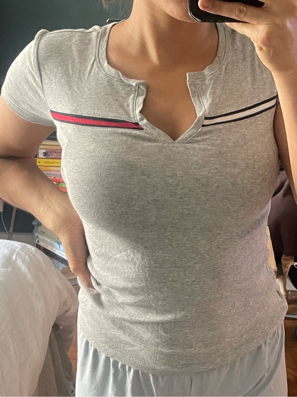 Tommy Hilfiger Gray Short-Sleeve Notch-Neck Lounge Top with Trim